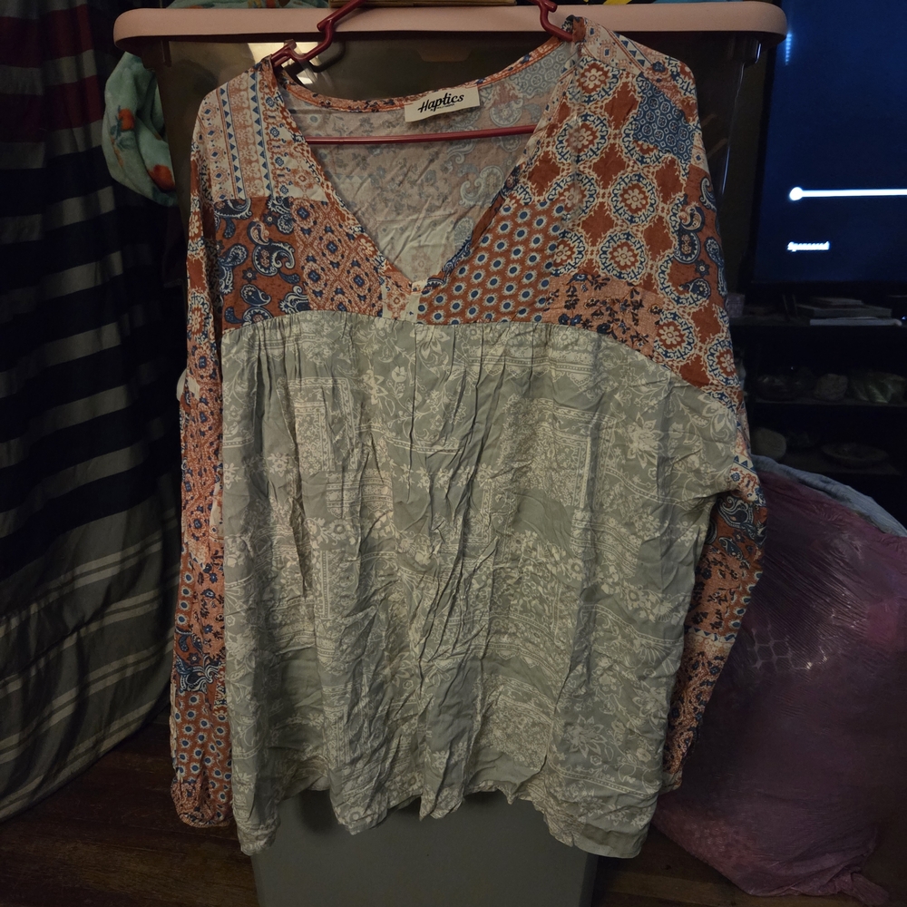 Women's Patterned Blouse with Blue and Orange Accents